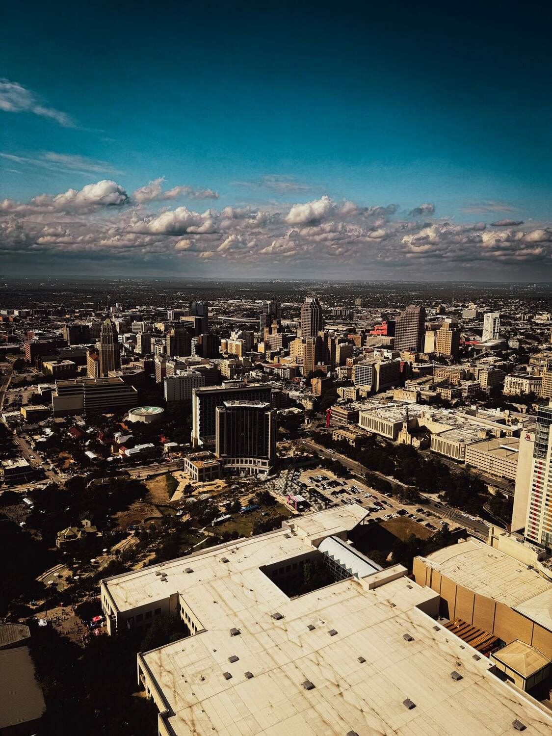 Aerial view over downtown San Antonio on a bright day