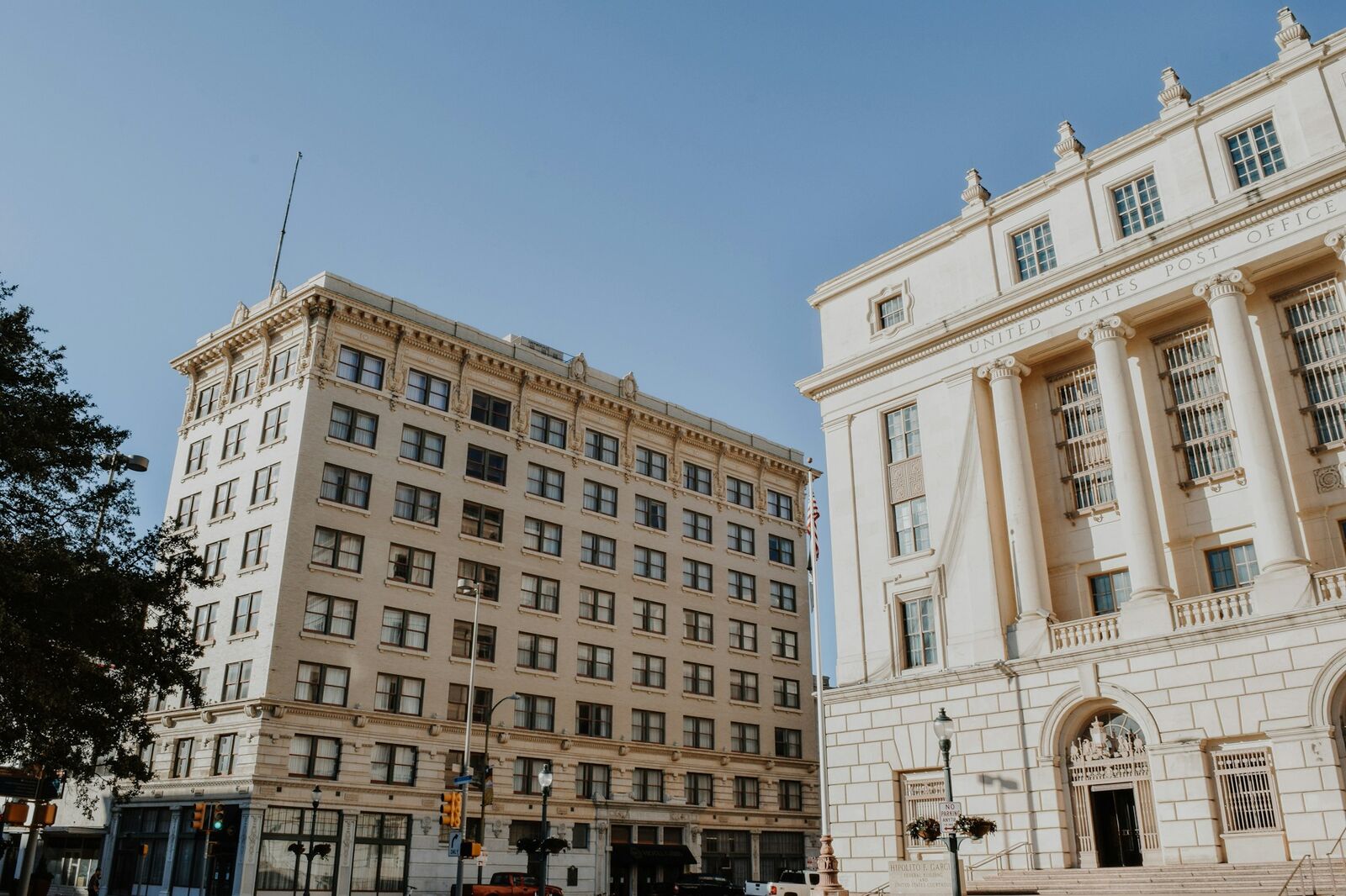 Historic hotel and post office facades in downtown San Antonio