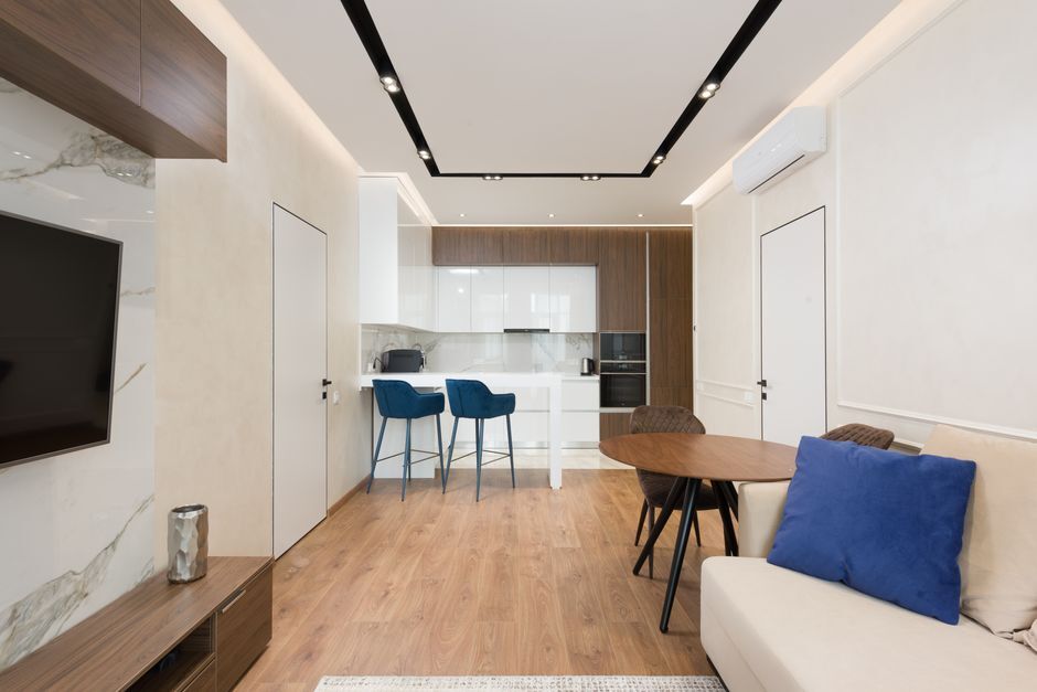 Furnished modern apartment living area and kitchen