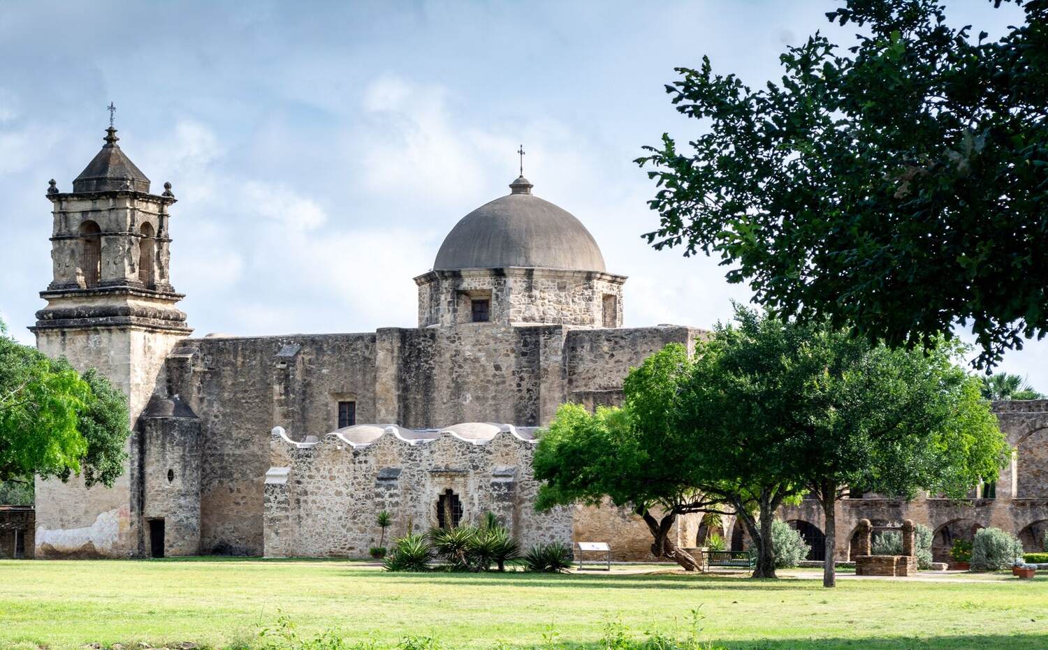 Dome and bell tower of Mission San Jose in San Antonio