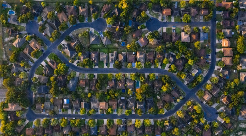Top-down view of a Texas suburban neighborhood