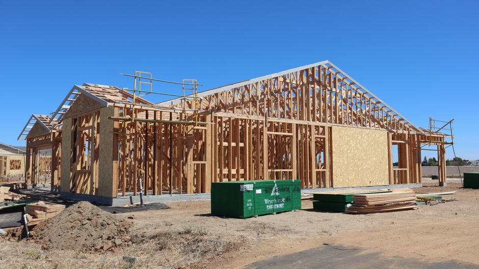 Wood-framed buildings under construction on a clear day